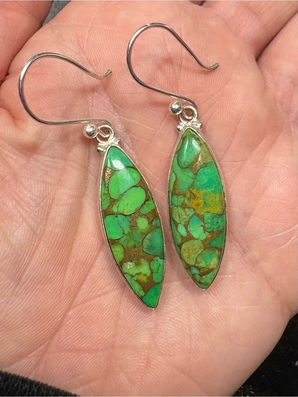 925 Sterling Silver Green Copper Turquoise Inlay Drop Earrings